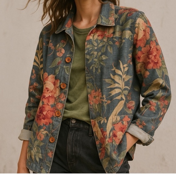 Coldwater Creek Jackets & Blazers - Vintage 90’s Cold Creek Floral Blue Pink Cotton Tropical Blazer Sz Small